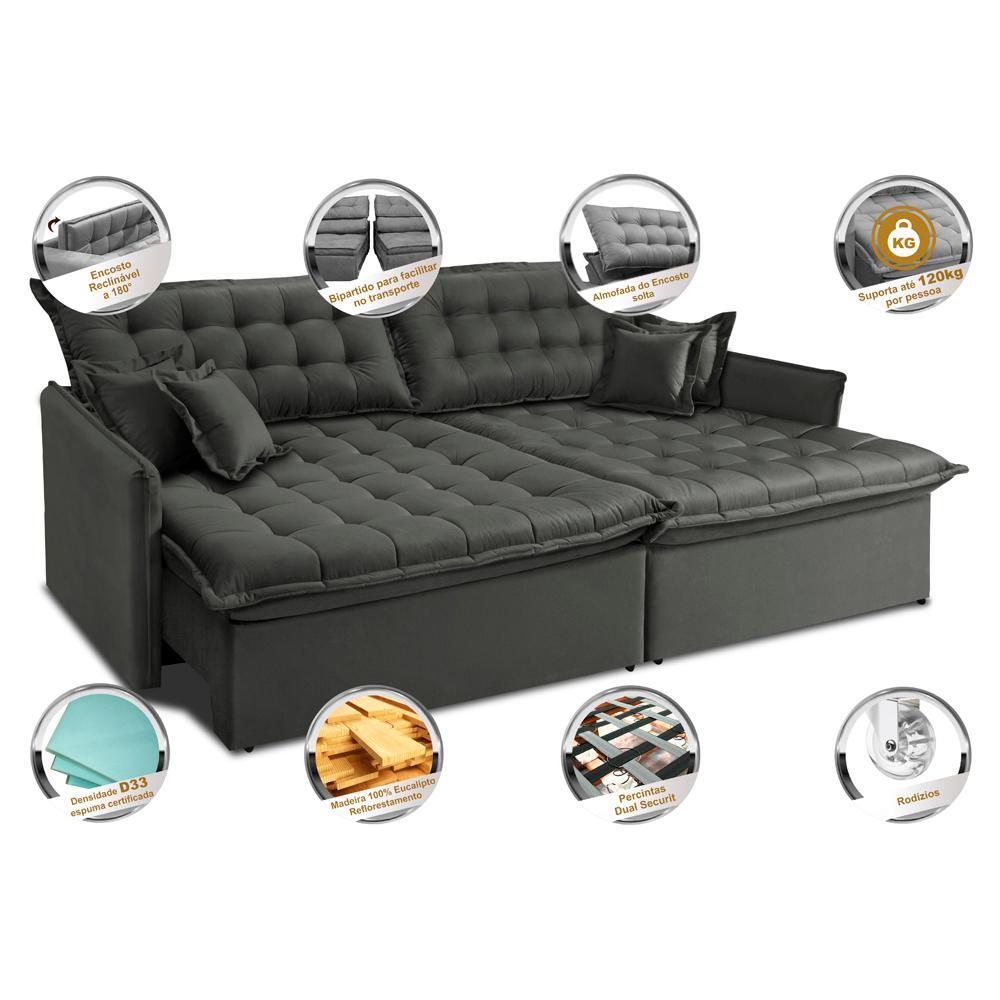 Sofá Sem Caixa Retrátil Reclinável 2,35m Cama inBox Versátil com Pillow Top e Molas Velusoft Cinza - 3