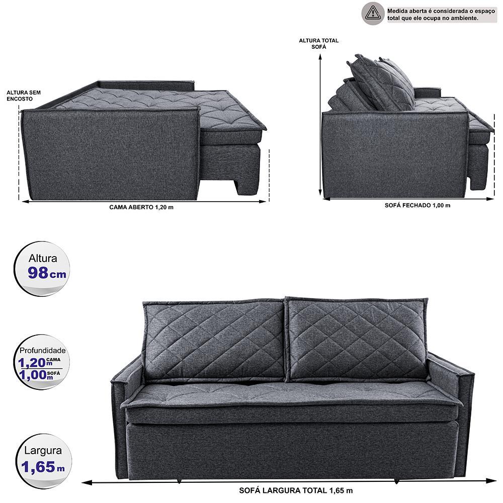 Sofá Sem Caixa Retrátil e Reclinável 1,65m Cama inBox Loft Linho Cinza Escuro - 2