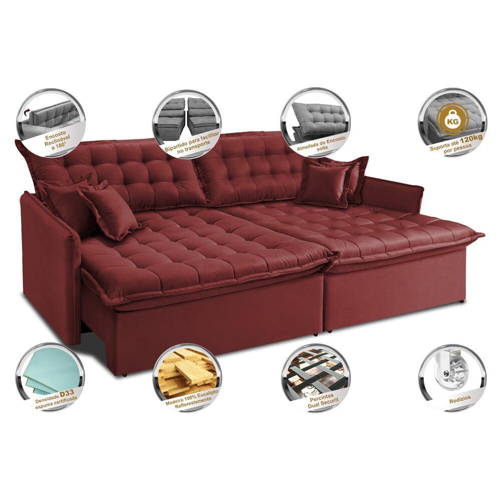 Sofá Sem Caixa Retrátil e Reclinável 1,95m Cama inBox Versátil Suede Velusoft Vermelho - 3