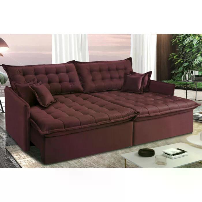 Sofá Sem Caixa Retrátil e Reclinável 1,95m Cama inBox Versátil Suede Velusoft Vinho - 1