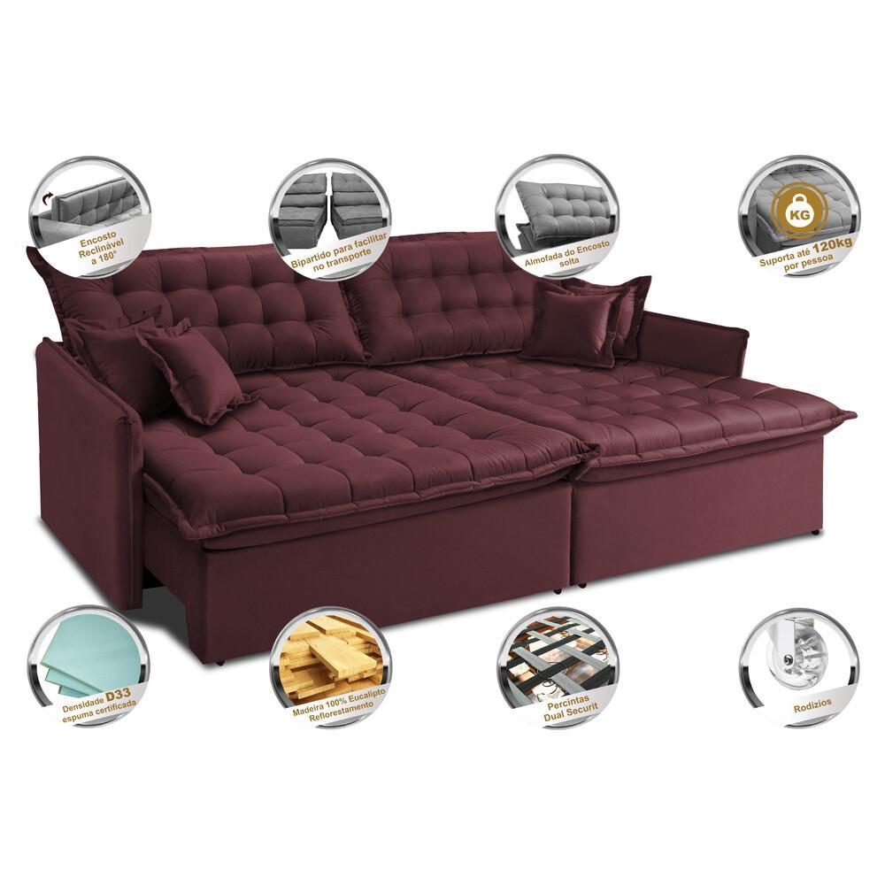 Sofá Sem Caixa Retrátil e Reclinável 1,95m Cama inBox Versátil Suede Velusoft Vinho - 3