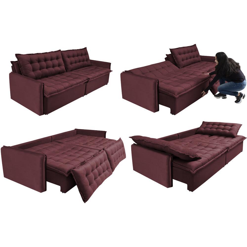 Sofá Sem Caixa Retrátil e Reclinável 1,95m Cama inBox Versátil Suede Velusoft Vinho - 7