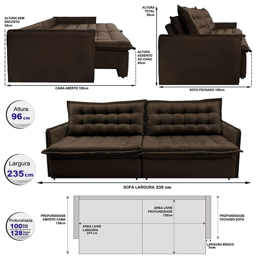 Sofá Sem Caixa Retrátil Reclinável 2,35m Cama inBox Versátil com Pillow Top e Molas Velusoft Café - 2