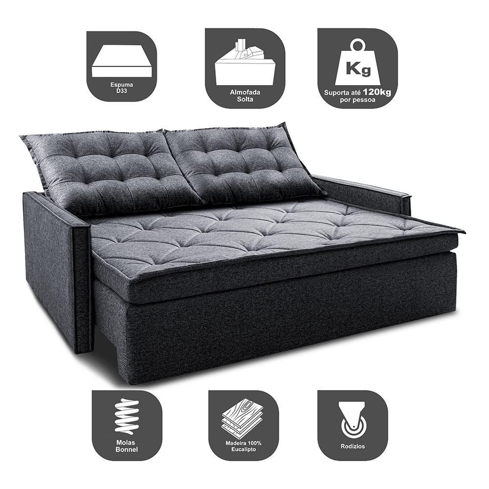 Sofá Sem Caixa Retrátil e Reclinável 1,65m Cama inBox Flat Linho Cinza Escuro - 3