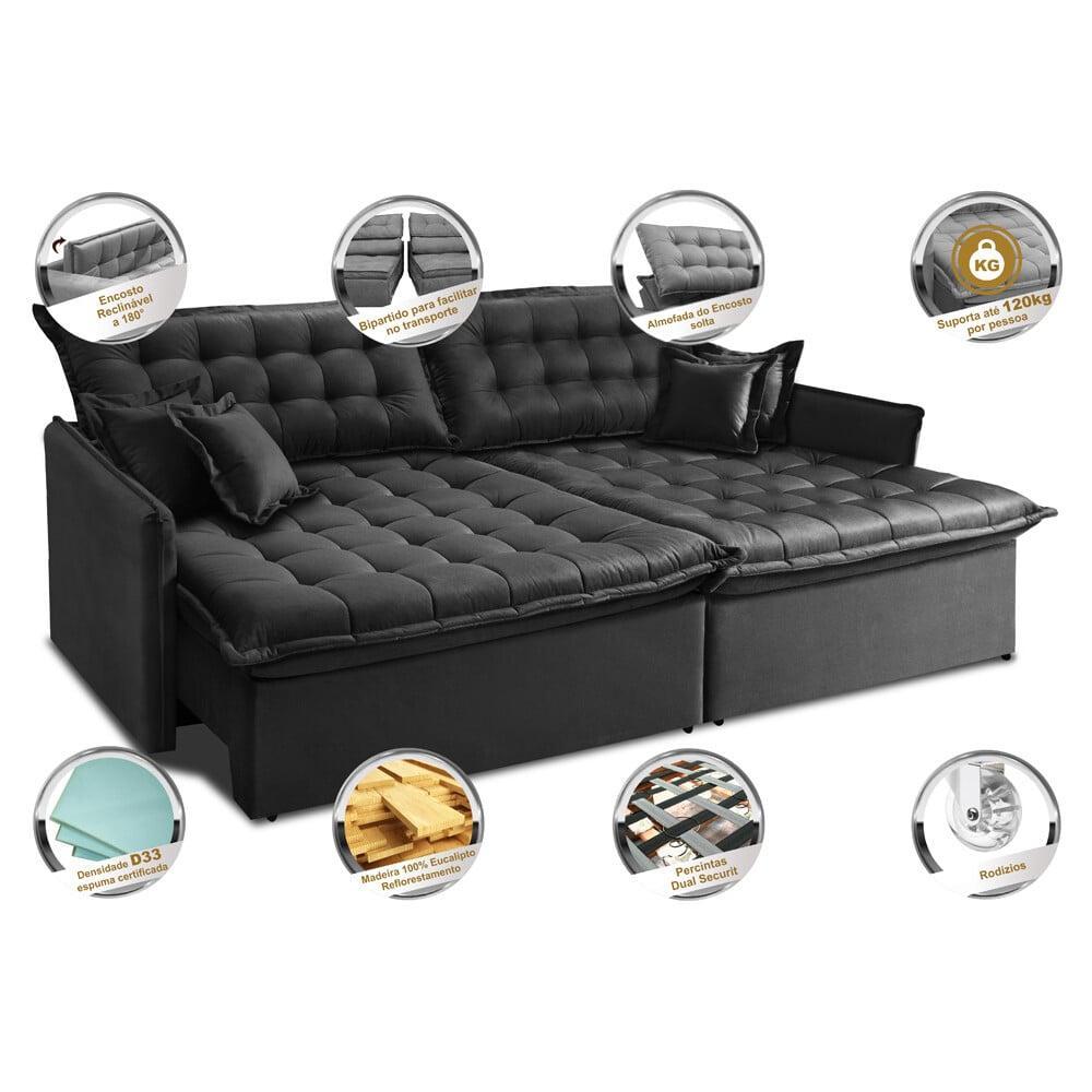 Sofá Sem Caixa Retrátil e Reclinável 1,95m Cama inBox Versátil Suede Velusoft Preto - 3