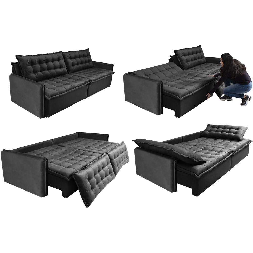 Sofá Sem Caixa Retrátil e Reclinável 1,95m Cama inBox Versátil Suede Velusoft Preto - 7