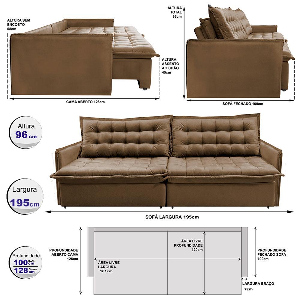 Sofá Sem Caixa Retrátil e Reclinável 1,95m Cama inBox Versátil Suede Velusoft Castor - 2