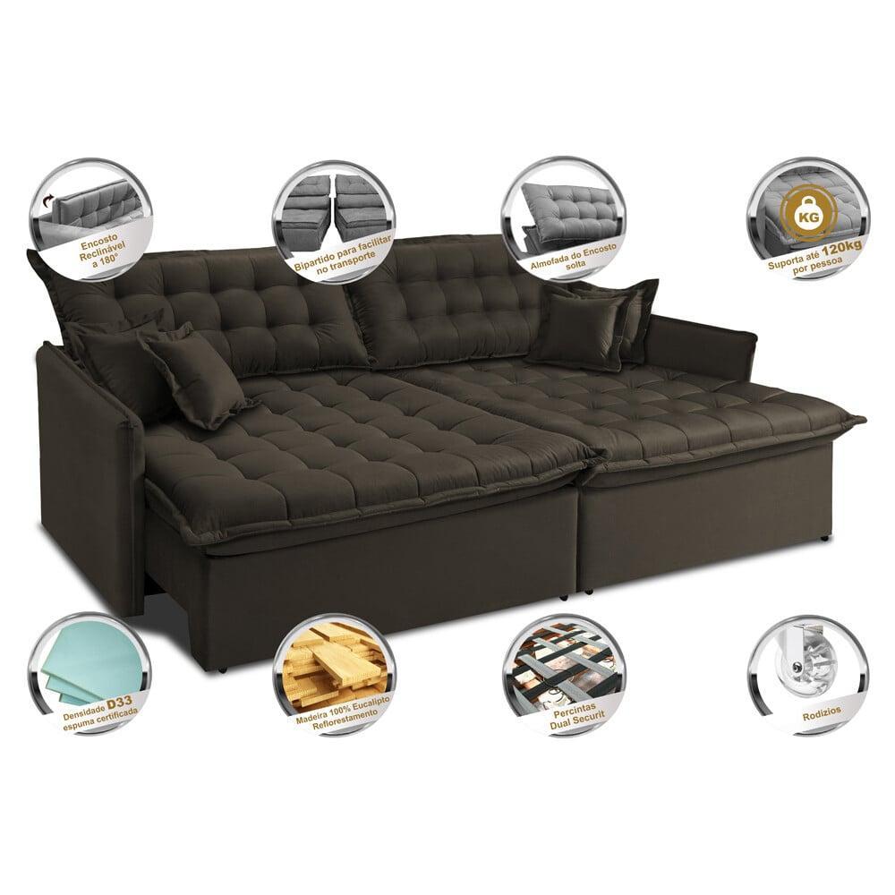 Sofá Sem Caixa Retrátil e Reclinável 1,95m Cama inBox Versátil Suede Velusoft Café - 3