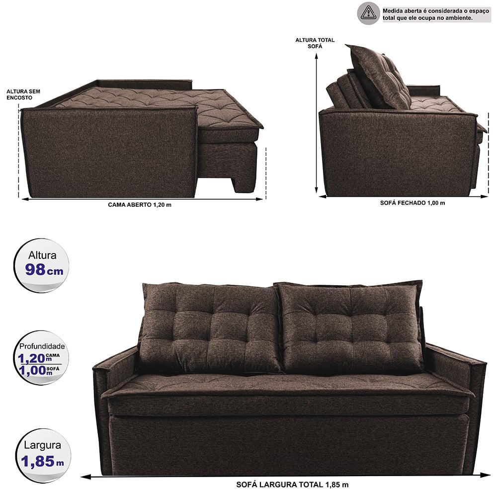 Sofá Sem Caixa Retrátil e Reclinável 1,85m Cama inBox Flat Linho Marrom - 2