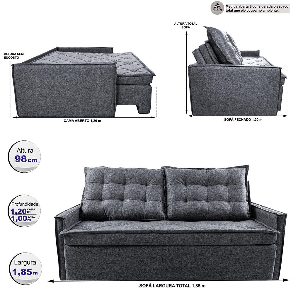 Sofá Sem Caixa Retrátil e Reclinável 1,85m Cama inBox Flat Linho Cinza Escuro - 2