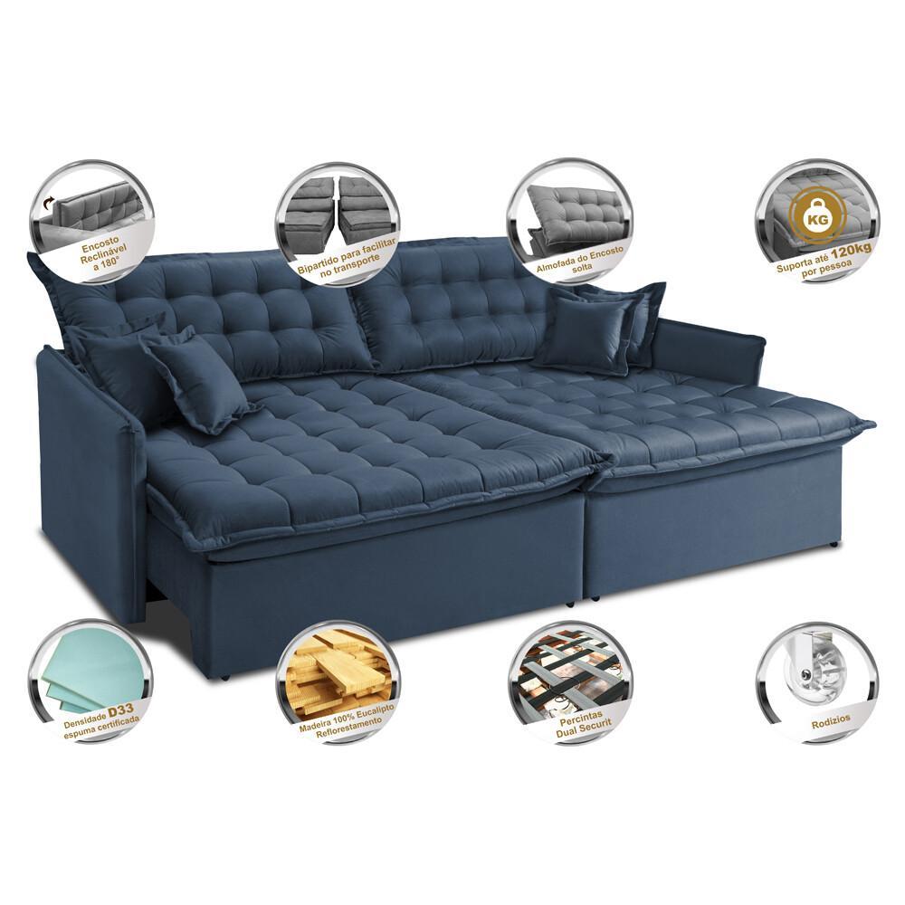 Sofá Sem Caixa Retrátil e Reclinável 1,75m Cama inBox Versátil Suede Velusoft Azul - 3