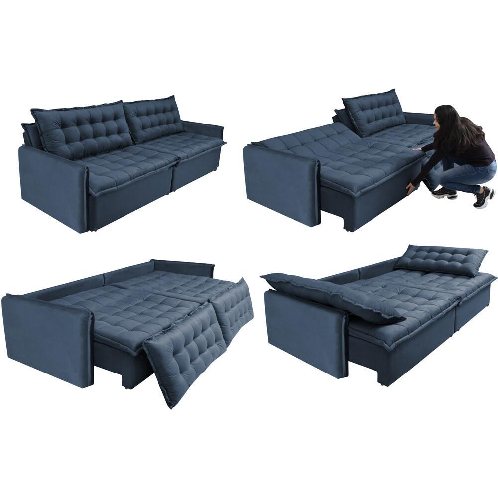 Sofá Sem Caixa Retrátil e Reclinável 1,75m Cama inBox Versátil Suede Velusoft Azul - 7