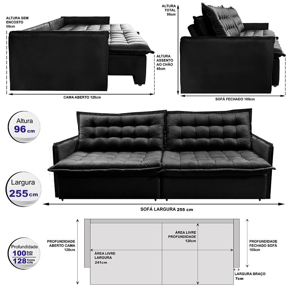 Sofá Sem Caixa Retrátil Reclinável 2,55m Cama inBox Versátil com Pillow Top e Molas Velusoft Preto - 3