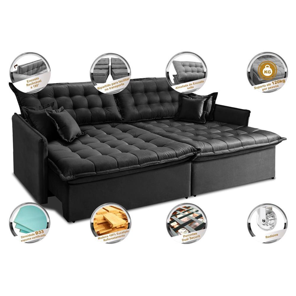 Sofá Sem Caixa Retrátil Reclinável 2,55m Cama inBox Versátil com Pillow Top e Molas Velusoft Preto - 4