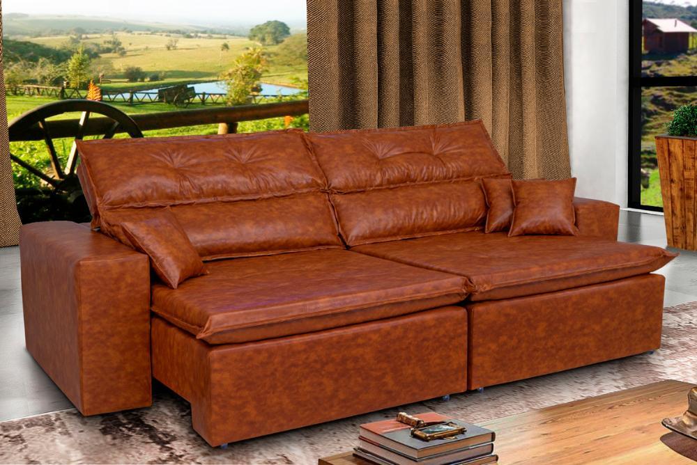 Sofá Tourino 2,32m Retrátil Reclinável, Molas e Pillow no Assento Tecido Courino Caramelo Cama InBox - 1