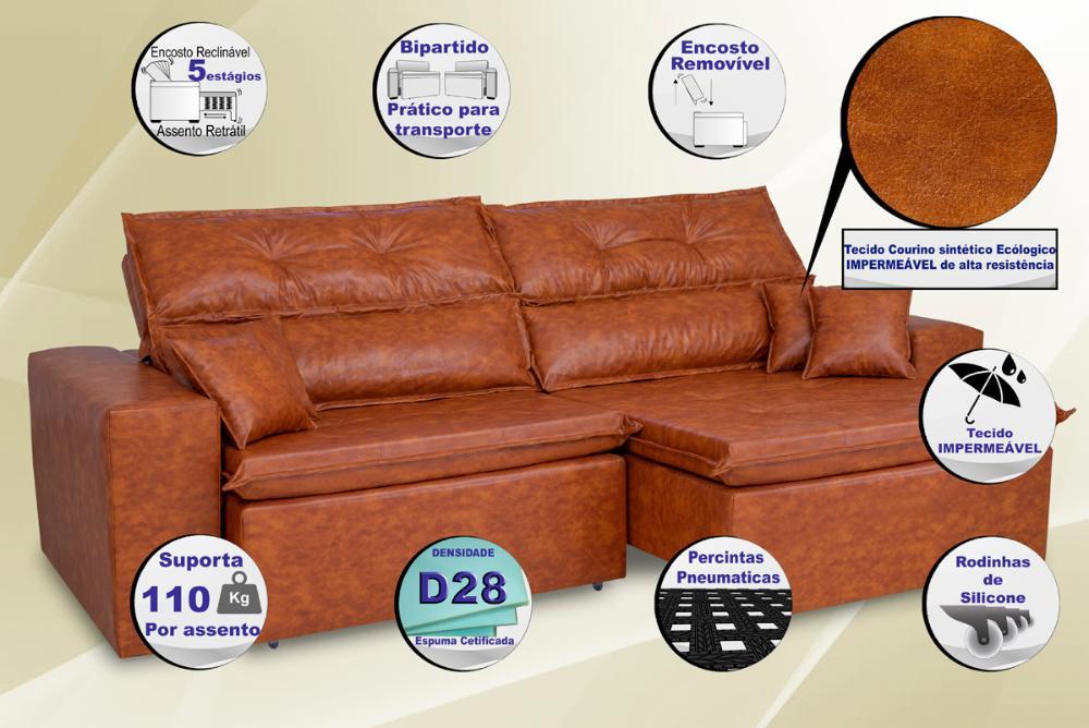 Sofá Tourino 2,32m Retrátil Reclinável, Molas e Pillow no Assento Tecido Courino Caramelo Cama InBox - 5