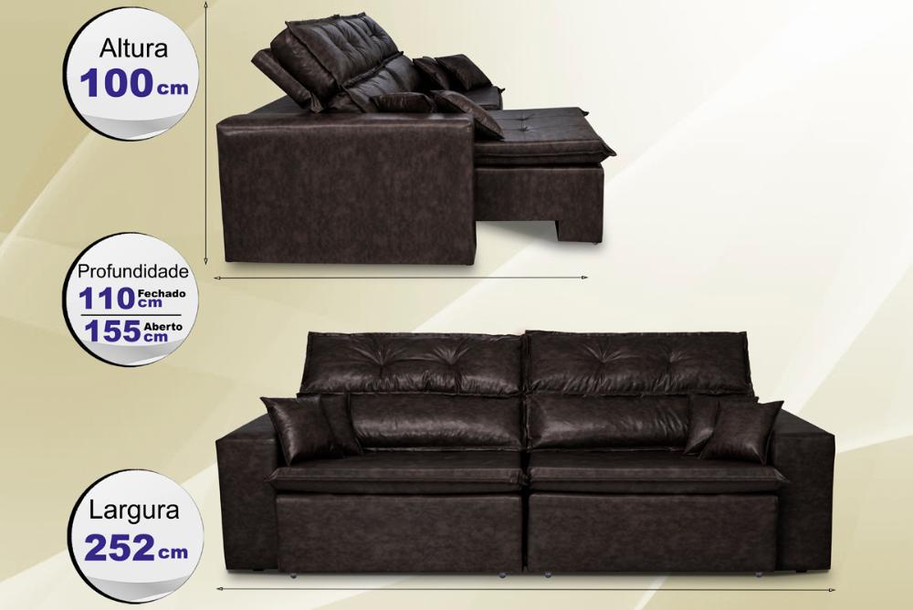 Sofá Tourino 2,52m Retrátil Reclinável, Molas e Pillow no Assento Tecido Courino Café Cama InBox - 2