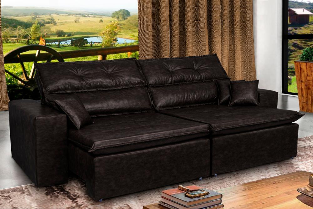 Sofá Tourino 2,02m Retrátil Reclinável, Molas e Pillow no Assento Tecido Courino Café Cama InBox - 1