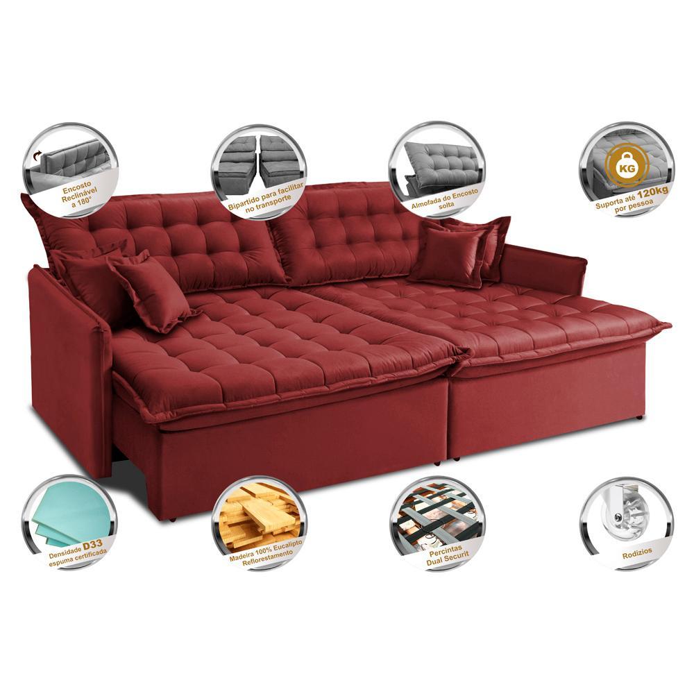 Sofá Sem Caixa Retrátil Reclinável 2,95m Cama inBox Versátil com Pillow Top e Molas Velusoft Vermelho - 3