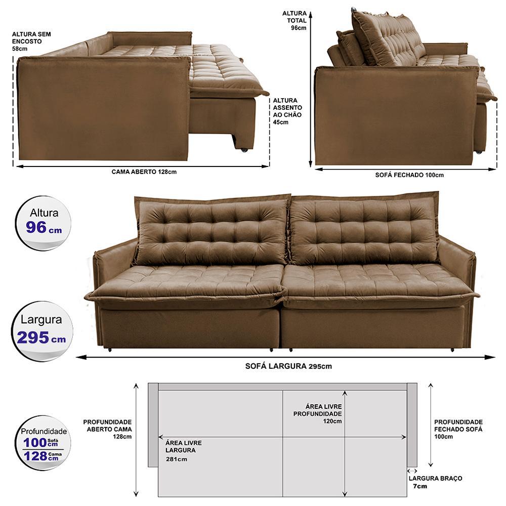 Sofá Sem Caixa Retrátil Reclinável 2,95m Cama inBox Versátil com Pillow Top e Molas Velusoft Castor - 3
