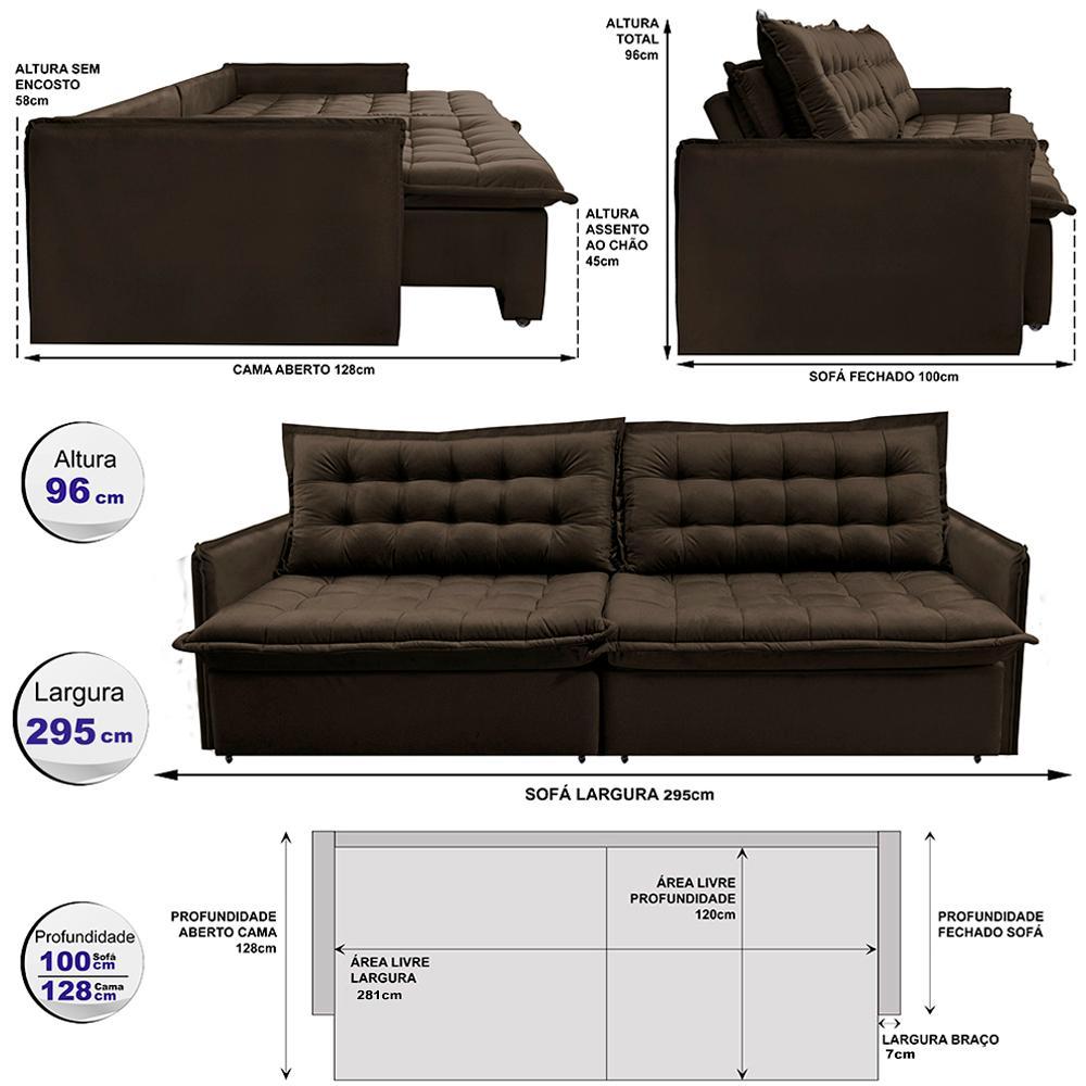 Sofá Sem Caixa Retrátil Reclinável 2,95m Cama inBox Versátil com Pillow Top e Molas Velusoft Café - 2