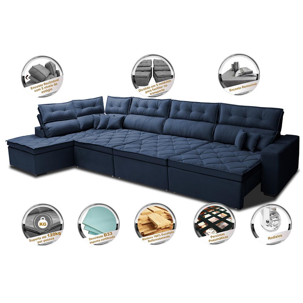 Sofá de Canto 4,80x2,36m Retrátil e Reclinável com Molas Cama inBox Platinum Esquerdo Suede Azul - 3