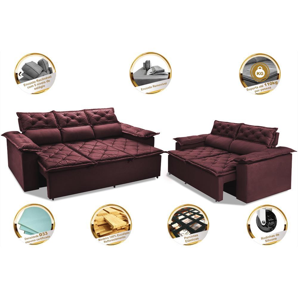 Conjunto de Sofá 3 e 2 Lugares Retrátil e Reclinável Cama inBox Compact 2,00x1,50m Velusoft Vinho - 3
