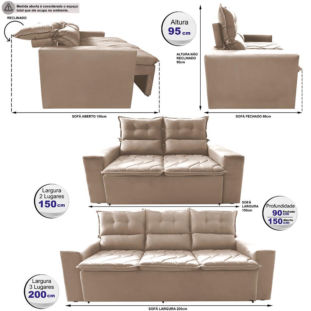 Conjunto de Sofá 3 e 2 Lugares Retrátil e Reclinável 2,00x1,50m Cama inBox Smal Suede Bege - 2