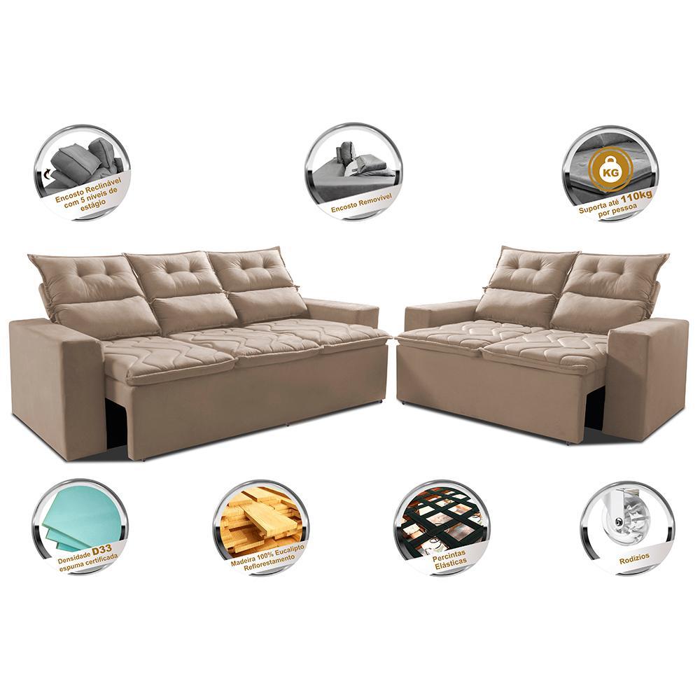 Conjunto de Sofá 3 e 2 Lugares Retrátil e Reclinável 2,00x1,50m Cama inBox Smal Suede Bege - 3