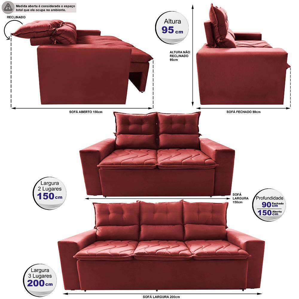 Conjunto de Sofá 3 e 2 Lugares Retrátil e Reclinável 2,00x1,50m Cama inBox Smal Suede Vermelho - 2
