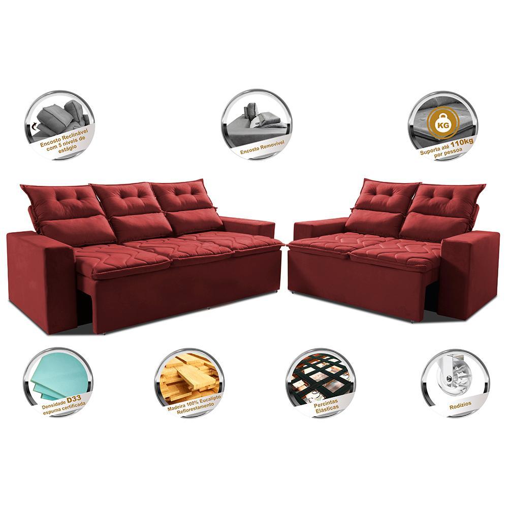 Conjunto de Sofá 3 e 2 Lugares Retrátil e Reclinável 2,00x1,50m Cama inBox Smal Suede Vermelho - 3