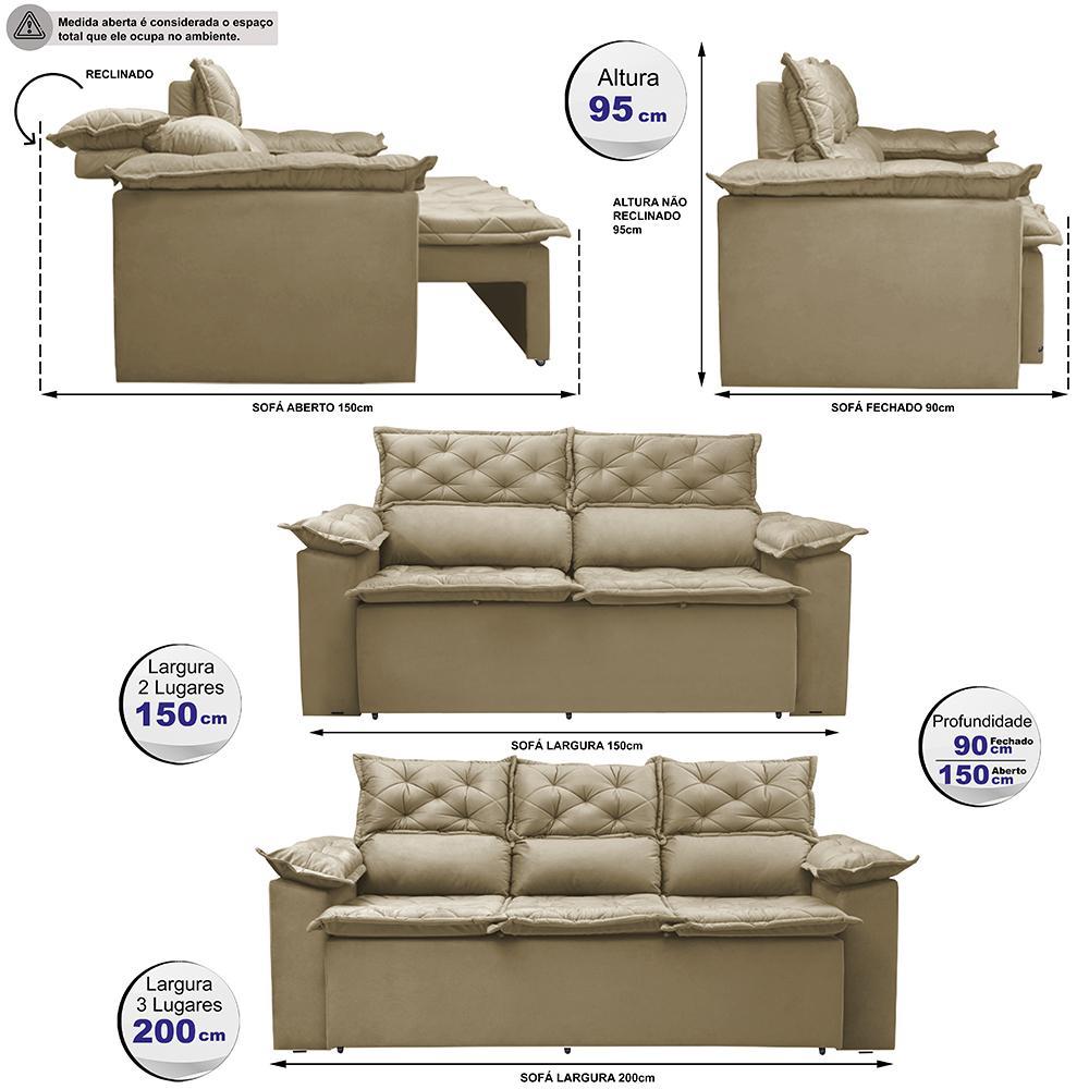 Conjunto de Sofá 3 e 2 Lugares Retrátil e Reclinável Cama inBox Compact 2,00x1,50m Velusoft Bege - 2