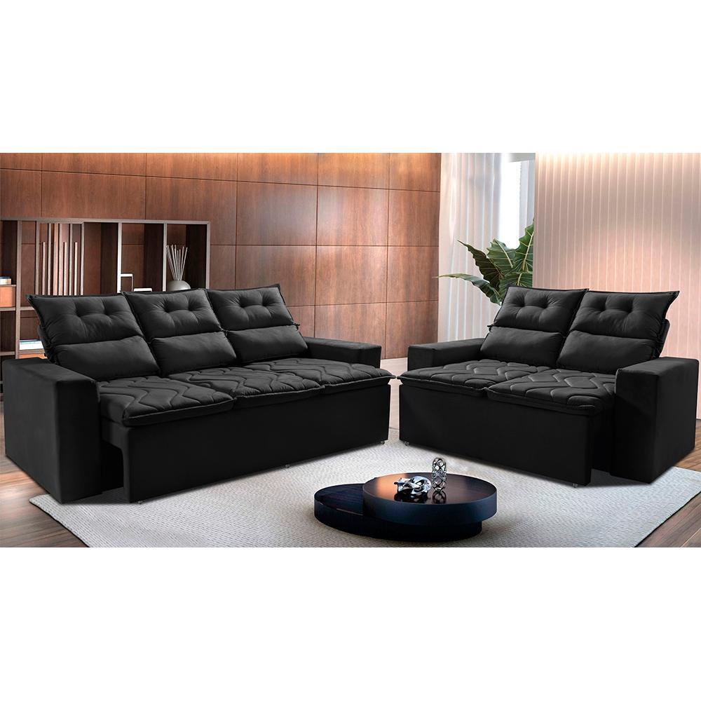Conjunto de Sofá 3 e 2 Lugares Retrátil e Reclinável 2,00x1,50m Cama inBox Smal Suede Preto - 1