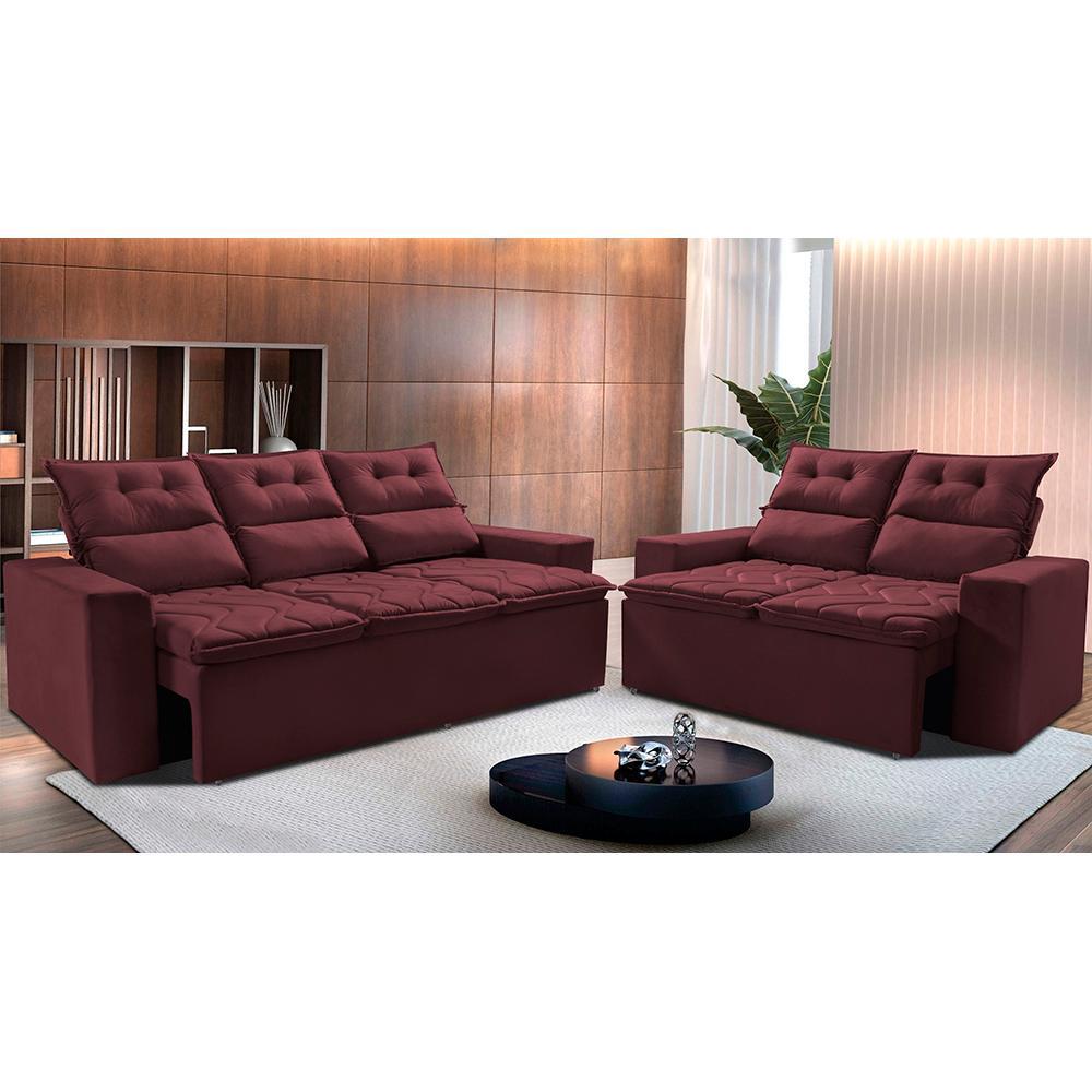 Conjunto de Sofá 3 e 2 Lugares Retrátil e Reclinável 2,00x1,50m Cama inBox Smal Suede Vinho - 1