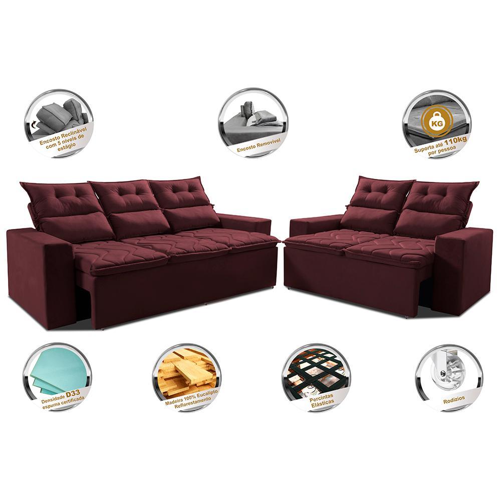 Conjunto de Sofá 3 e 2 Lugares Retrátil e Reclinável 2,00x1,50m Cama inBox Smal Suede Vinho - 3