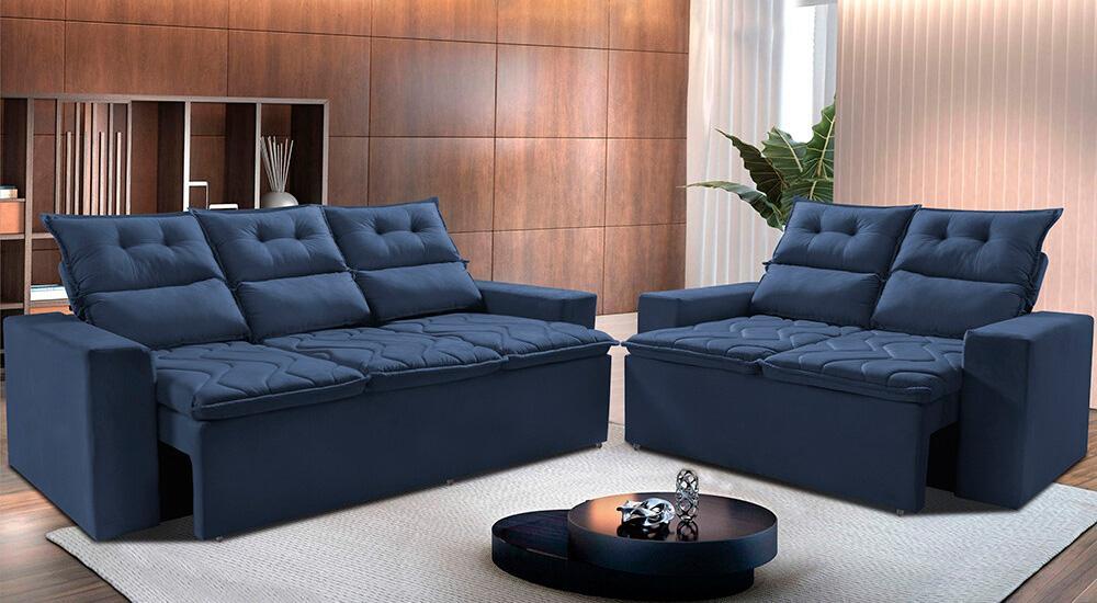 Conjunto de Sofá 3 e 2 Lugares Retrátil e Reclinável 2,00x1,50m Cama inBox Smal Suede Azul - 1