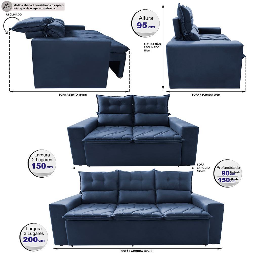 Conjunto de Sofá 3 e 2 Lugares Retrátil e Reclinável 2,00x1,50m Cama inBox Smal Suede Azul - 2