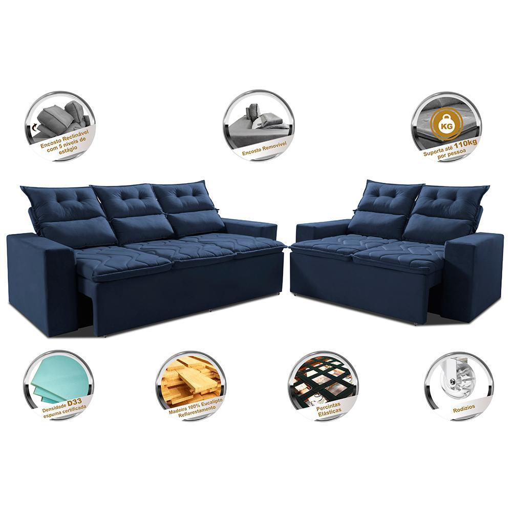 Conjunto de Sofá 3 e 2 Lugares Retrátil e Reclinável 2,00x1,50m Cama inBox Smal Suede Azul - 3