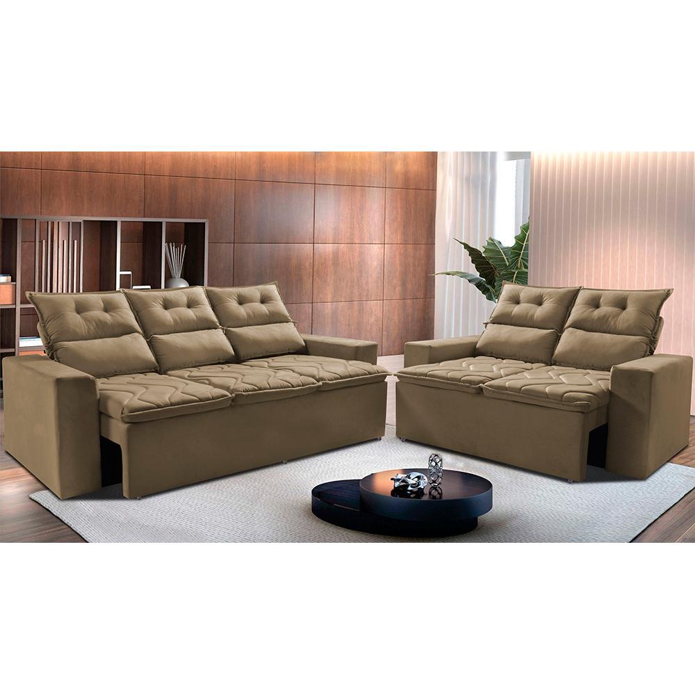 Conjunto de Sofá 3 e 2 Lugares Retrátil e Reclinável 2,00x1,50m Cama inBox Smal Suede Castor - 1