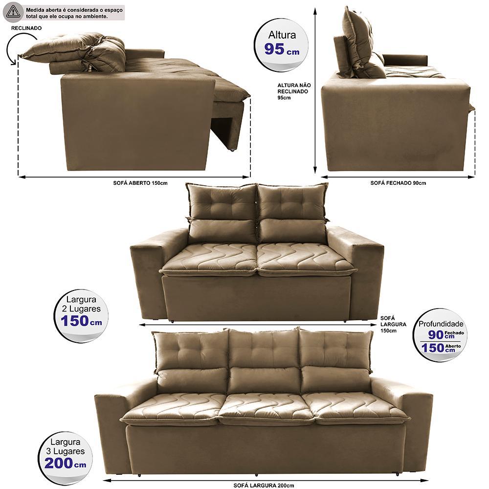 Conjunto de Sofá 3 e 2 Lugares Retrátil e Reclinável 2,00x1,50m Cama inBox Smal Suede Castor - 2