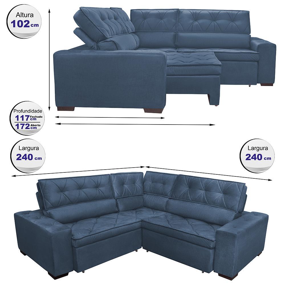 Sofa de Canto Retrátil e Reclinável com Molas Cama inBox Austin 2,40m x 2,40m Suede Velusoft Azul - 2