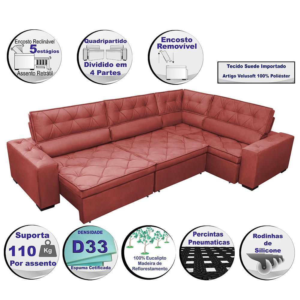 Sofa de Canto Retrátil e Reclinável com Molas Cama inBox Austin 3,85X2,64 ou 2,64X3,85 Suede Velusoft Vermelho - 3
