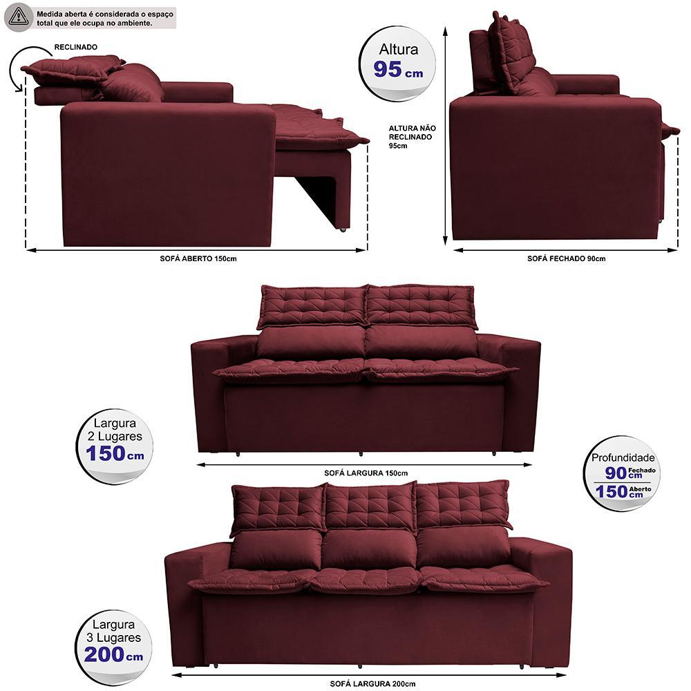 Conjunto de Sofá 3 e 2 Lugares Retrátil e Reclinável Cama inBox Slim 2,00x1,50m Velusoft Vinho - 3