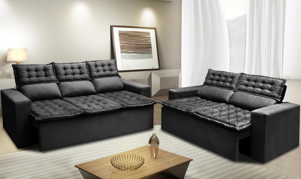 Conjunto de Sofá 3 e 2 Lugares Retrátil e Reclinável Cama inBox Slim 2,00x1,50m Velusoft Preto - 1
