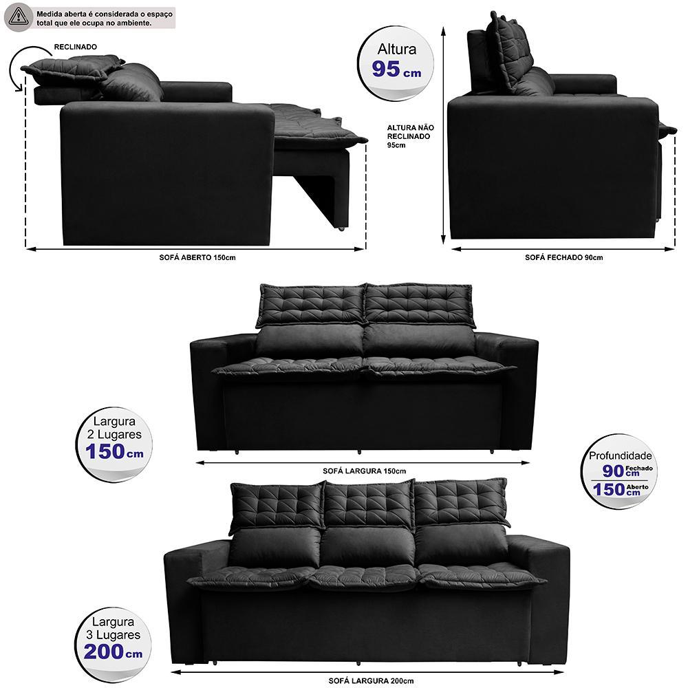 Conjunto de Sofá 3 e 2 Lugares Retrátil e Reclinável Cama inBox Slim 2,00x1,50m Velusoft Preto - 6