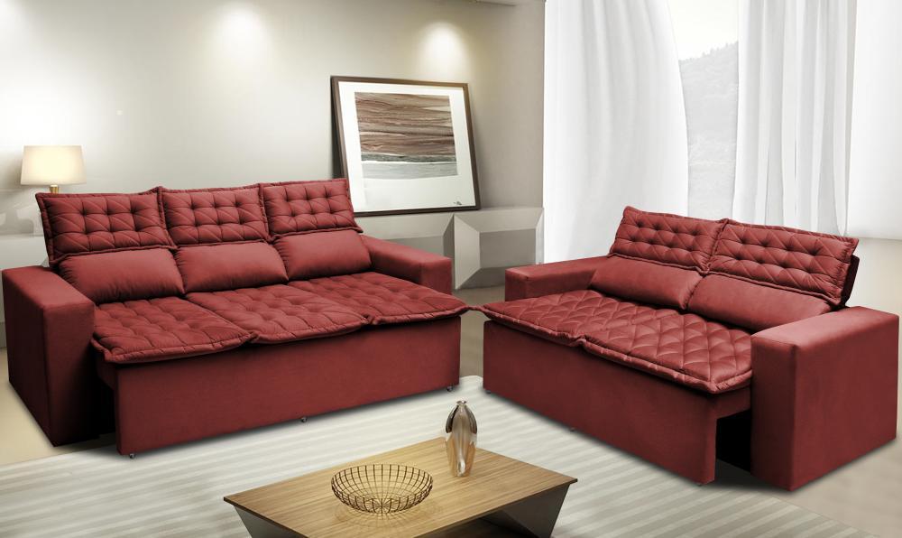 Conjunto de Sofá 3 e 2 Lugares Retrátil e Reclinável Cama inBox Slim 2,00x1,50m Velusoft Vermelho - 1