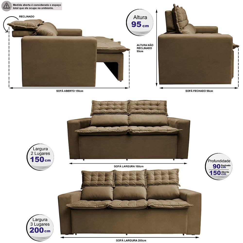 Conjunto de Sofá 3 e 2 Lugares Retrátil e Reclinável Cama inBox Slim 2,00x1,50m Velusoft Castor - 3