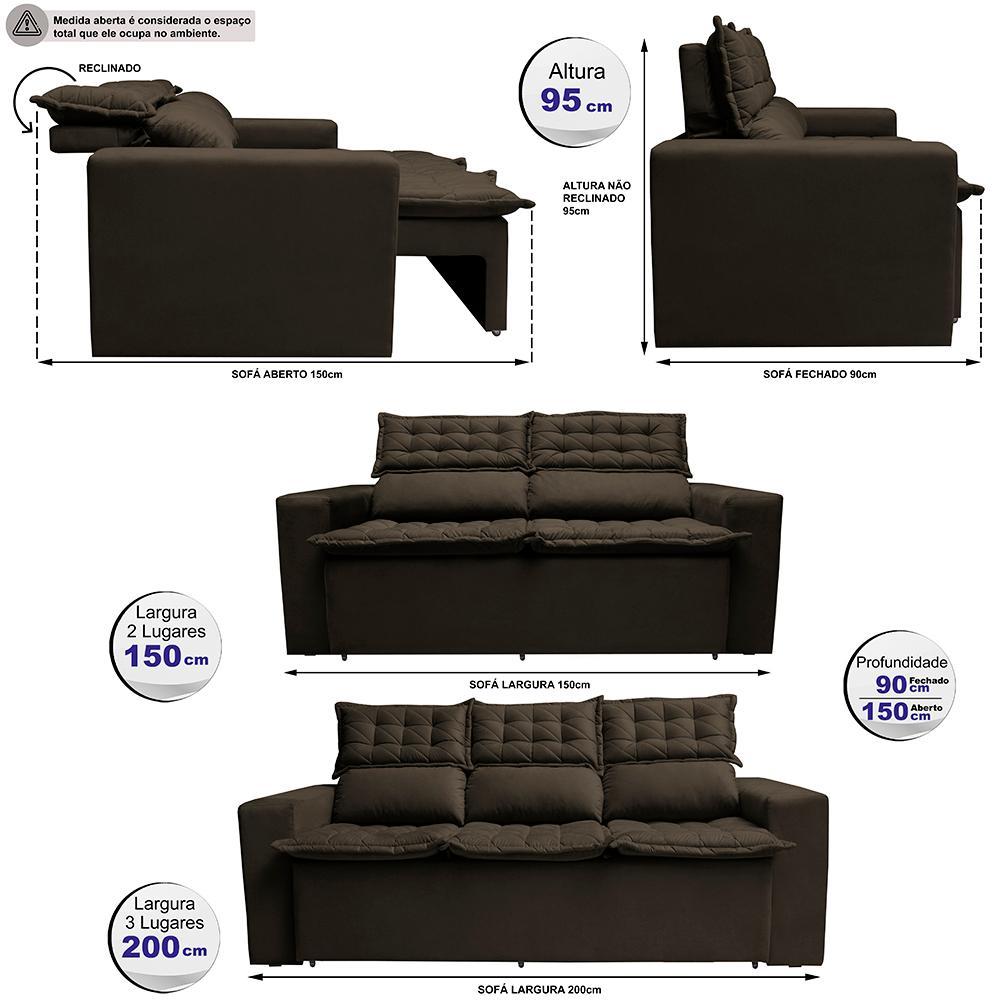 Conjunto de Sofá 3 e 2 Lugares Retrátil e Reclinável Cama inBox Slim 2,00x1,50m Velusoft Café - 3