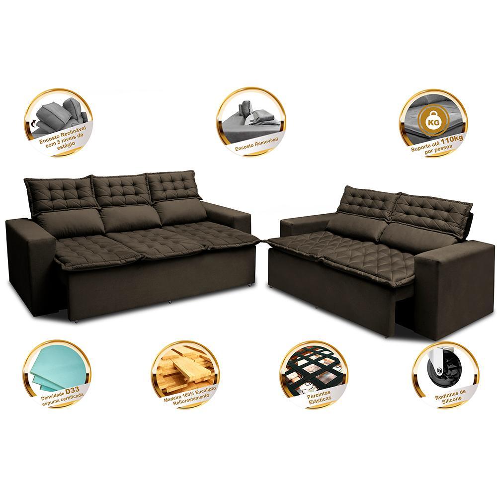 Conjunto de Sofá 3 e 2 Lugares Retrátil e Reclinável Cama inBox Slim 2,00x1,50m Velusoft Café - 4
