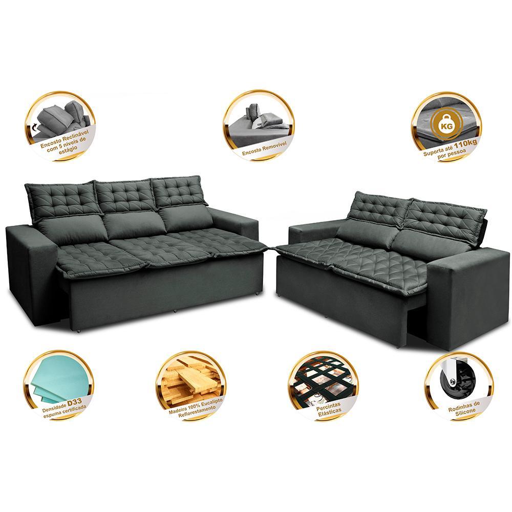 Conjunto de Sofá 3 e 2 Lugares Retrátil e Reclinável Cama inBox Slim 2,00x1,50m Velusoft Cinza - 4